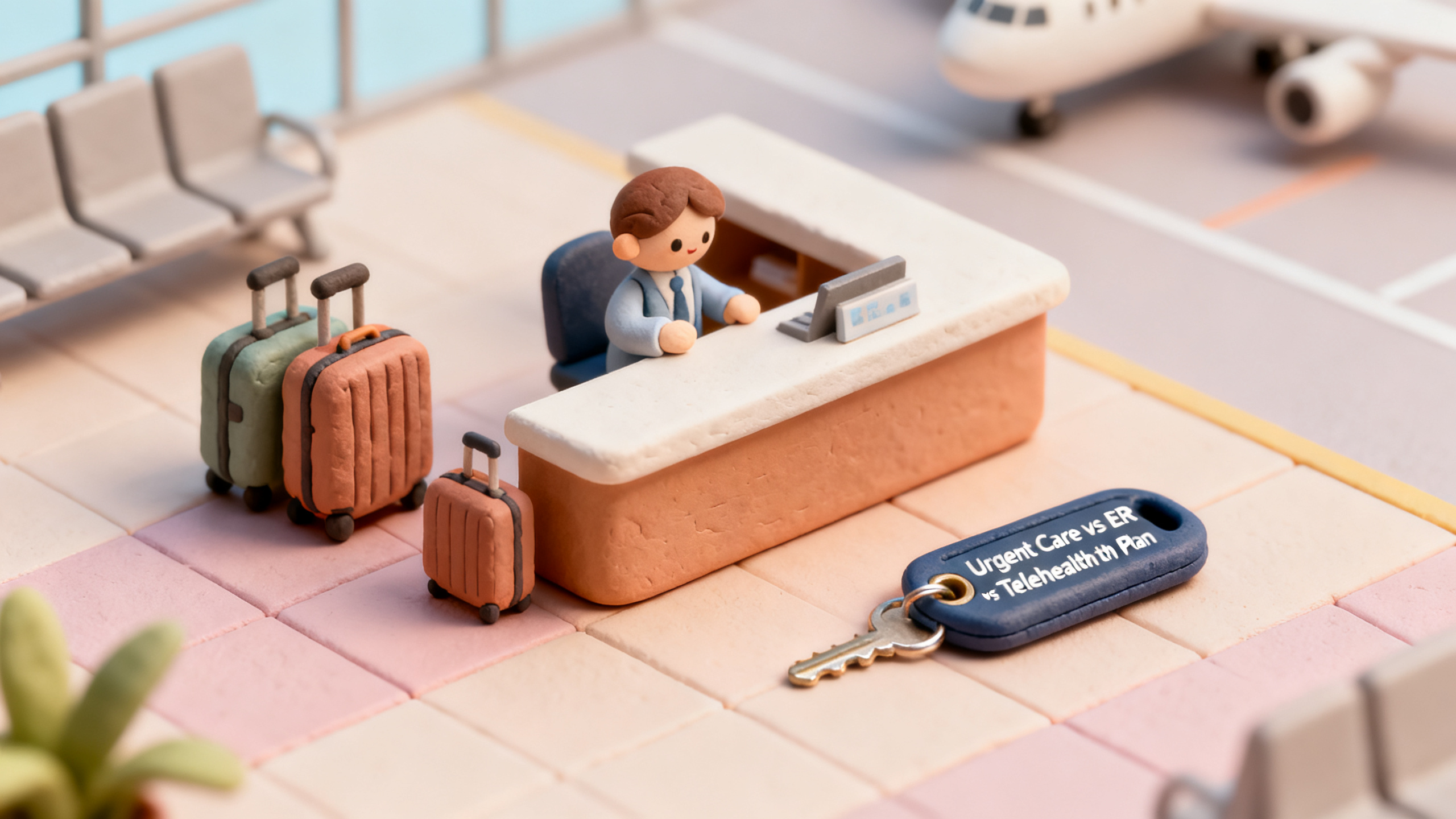 Clay diorama illustrating Urgent Care vs ER vs Telehealth  Plan Language to Check